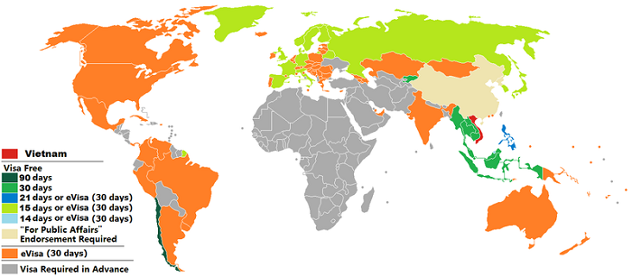 Bản đồ miễn thị thực của Việt Nam đối với các quốc gia trên thế giới