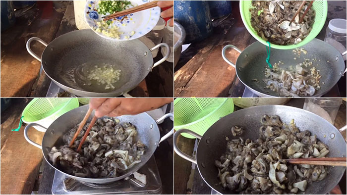 Sá sùng được xào sơ cùng hành, tỏi, gừng để tăng hương vị, sau đó cho vào nồi cháo, nêm nếm vừa ăn và ninh thêm vài phút để cháo thấm đều vị.